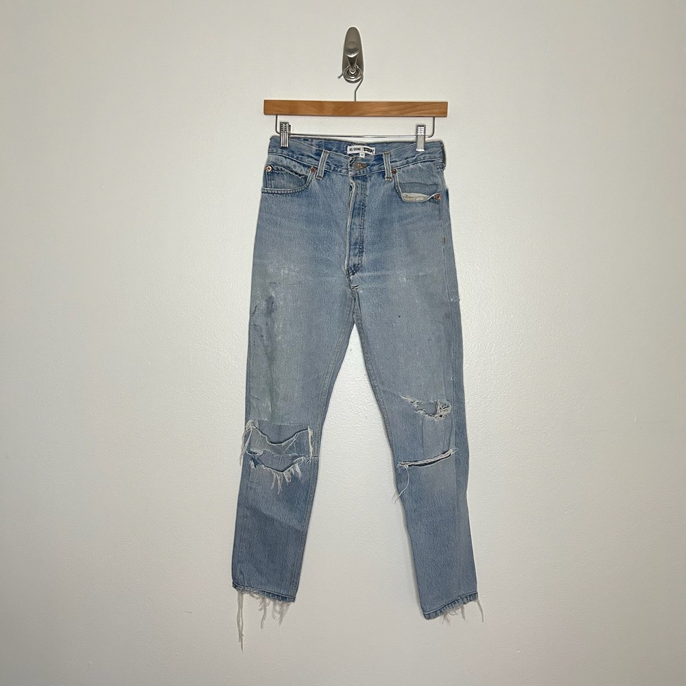 RE/DONE Levi's High Rise Distressed Skinny Jeans Light Wash Raw Hem